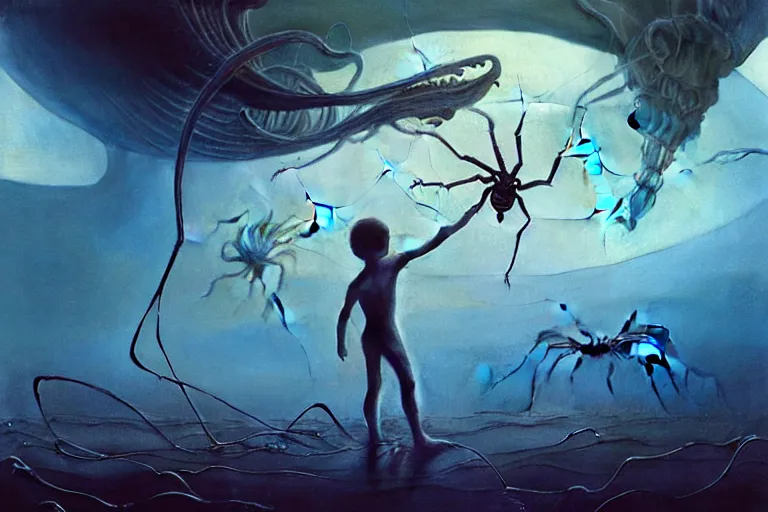 Image similar to realistic detailed photorealistic film portrait shot of a ghost kid playing with giant spider, futuristic sci-fi landscape on background by Denis Villeneuve, Amano, Yves Tanguy, Alphonse Mucha, Ernst Haeckel, Max Ernst, Andrei Tarkovsky, Edward Robert Hughes, Roger Dean, necklace, dynamic pose, rich moody colours, wide angle, blue eyes