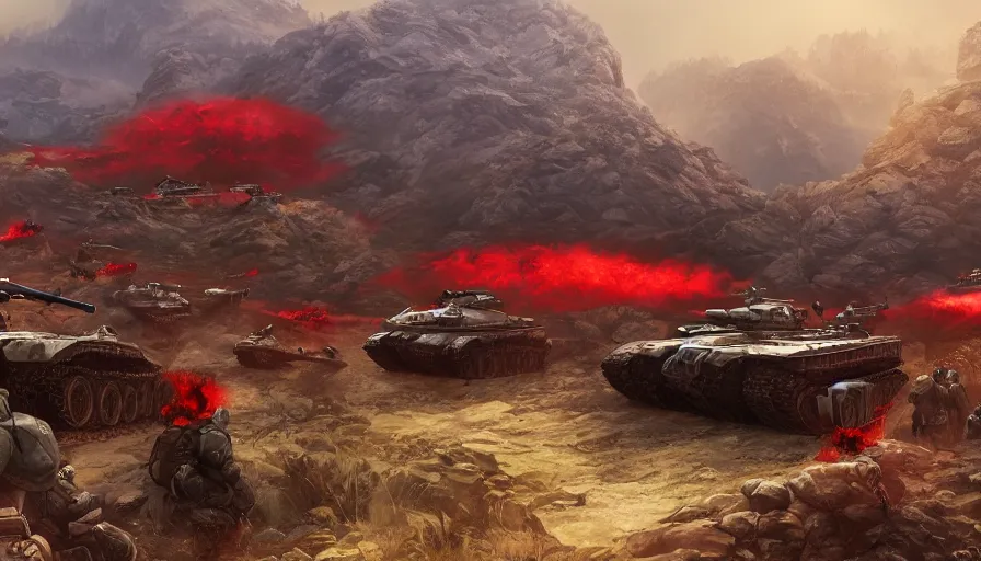 Prompt: red army on a hill with red tanks, dnd, fantasy, hyperdetailed, artstation, cgsociety, 8 k, propaganda poster