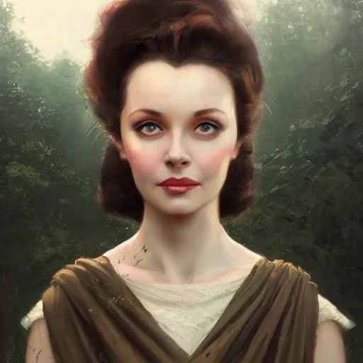 Prompt: closeup portrait of a young vivian leigh, forest background, megacity, gorgeous view, depth, high detail, digital art, painted by greg rutkowski, trending on artstation