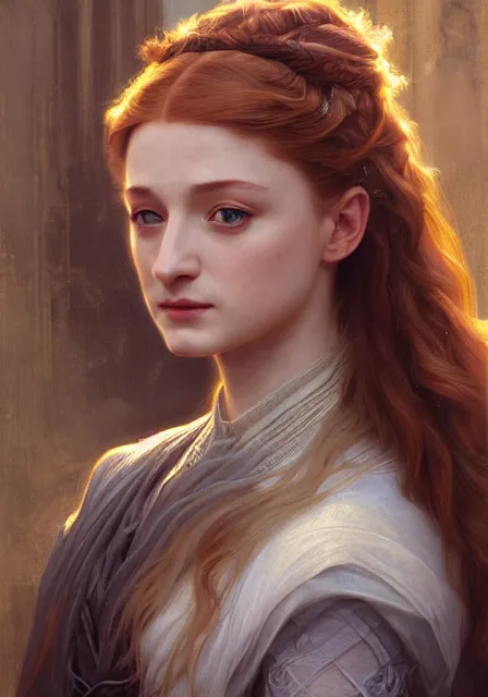 Prompt: portrait of little pretty sansa stark, intricate, elegant, highly detailed, digital painting, artstation, concept art, smooth, sharp focus, illustration, art by artgerm and greg rutkowski and alphonse mucha and william - adolphe bouguereau