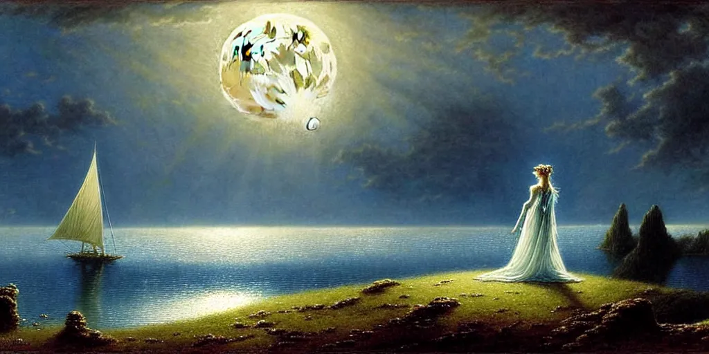 Image similar to an elegant fairy queen in a blue lace dress dancing looking out at a lord of the rings scenery landscape, staring across the sea at a white timber sail boat, evening, god's rays highly detailed, vivid colour, soft clouds, full moon, cinematic lighting, perfect composition, gustave dore, derek zabrocki, greg rutkowski, belsinski