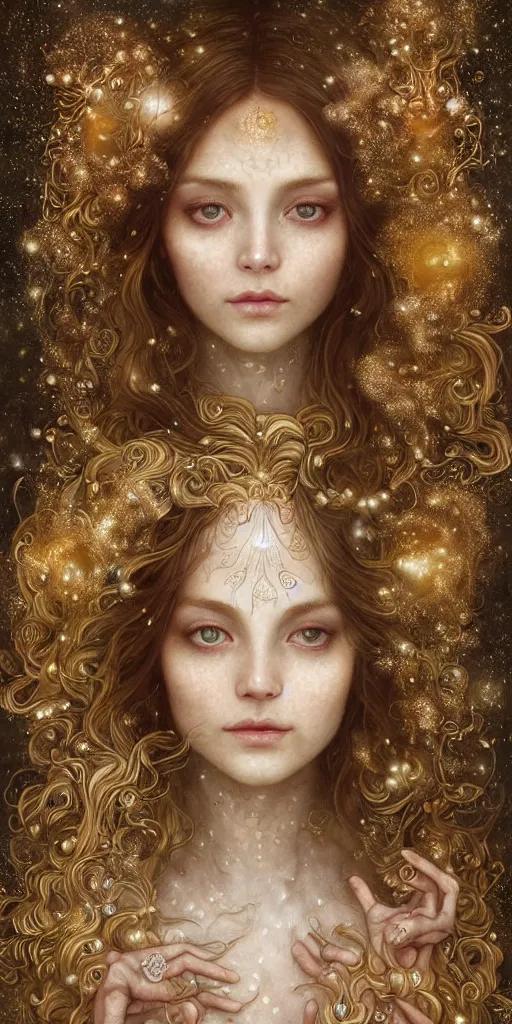 Image similar to Beautiful Delicate Detailed portrait of sun summer woman, With Magical golden eyes by Tom Bagshaw, Bastien Lecouffe Deharme, Erik Johansson, Amanda Sage, Alex Grey, Alphonse Mucha, Harry Clarke, Josephine Wall and Pino Daeni, Delicate winter frozen creature With long golden Hair and Magical Sparkling Eyes, Magic Particles; Magic Swirls, in a out of this world magical summer landscape, 4K; 64 megapixels; 8K resolution concept art; detailed painting; digital illustration; hyperrealism; trending on Artstation; Unreal Engine Photorealistic, lifelike, Unreal Engine, sharp, sharpness, detailed, 8K