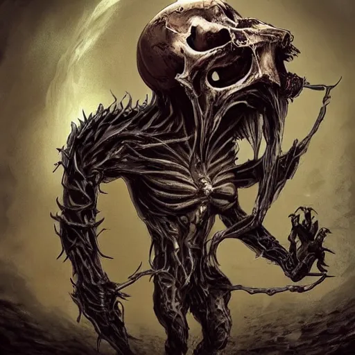 Image similar to Skull that look too much like skull!, crypt lurker!!, grasp of darkness!!!, pitchburn devils, 8k CG character rendering of a spider-like hunting female on its back, fangs extended, wearing a leopard-patterned dress, set against a white background, with textured hair and skin.