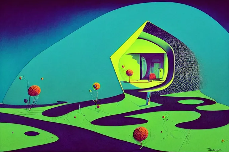 Prompt: surreal glimpse into other universe, house by zaha hadid, summer morning, very coherent and colorful high contrast, art by!!!! gediminas pranckevicius!!!!, geof darrow, floralpunk screen printing woodblock, dark shadows, hard lighting, stipple brush technique,