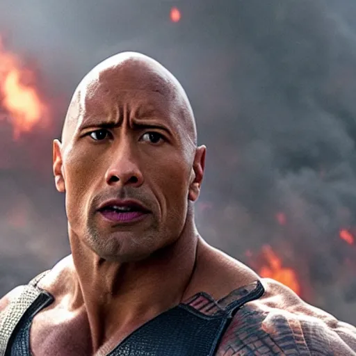 Image similar to film still of Dwayne the Rock Johnson fighting in avengers endgame