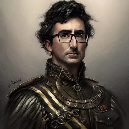 Image similar to portrait of stoic looking john oliver, military uniform, fantasy, intricate, elegant, highly detailed, centered, dark, smokey, charcoal painting, digital painting, artstation, concept art, smooth, sharp focus, illustration, art by artgerm and greg rutkowski and alphonse mucha