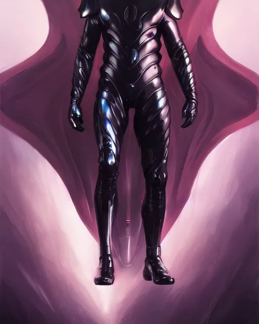 Image similar to iridescent sinewy smooth muscular male sleek glossy black pearlescent futuristic armor with smooth black featureless helmet, by greg rutkowski, mark brookes, jim burns, tom bagshaw, magali villeneuve, eve ventrue, trending on artstation