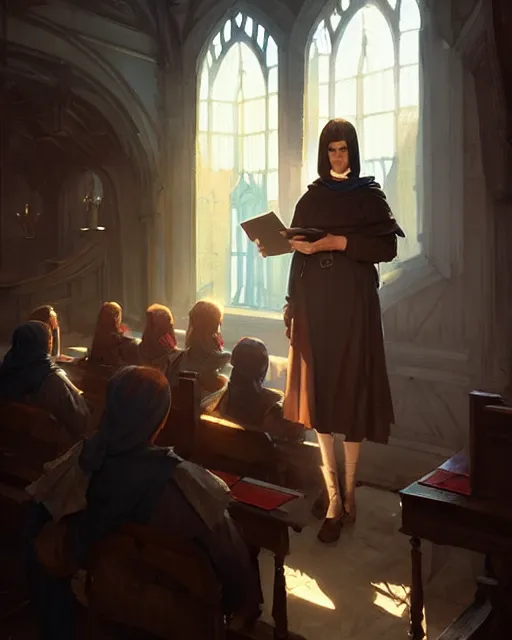 Image similar to middle ages lecture, old teacher speaks to young students | | realistic shaded, fine details, realistic shaded lighting poster by greg rutkowski, diego gisbert llorens, magali villeneuve, artgerm, jeremy lipkin and rob rey