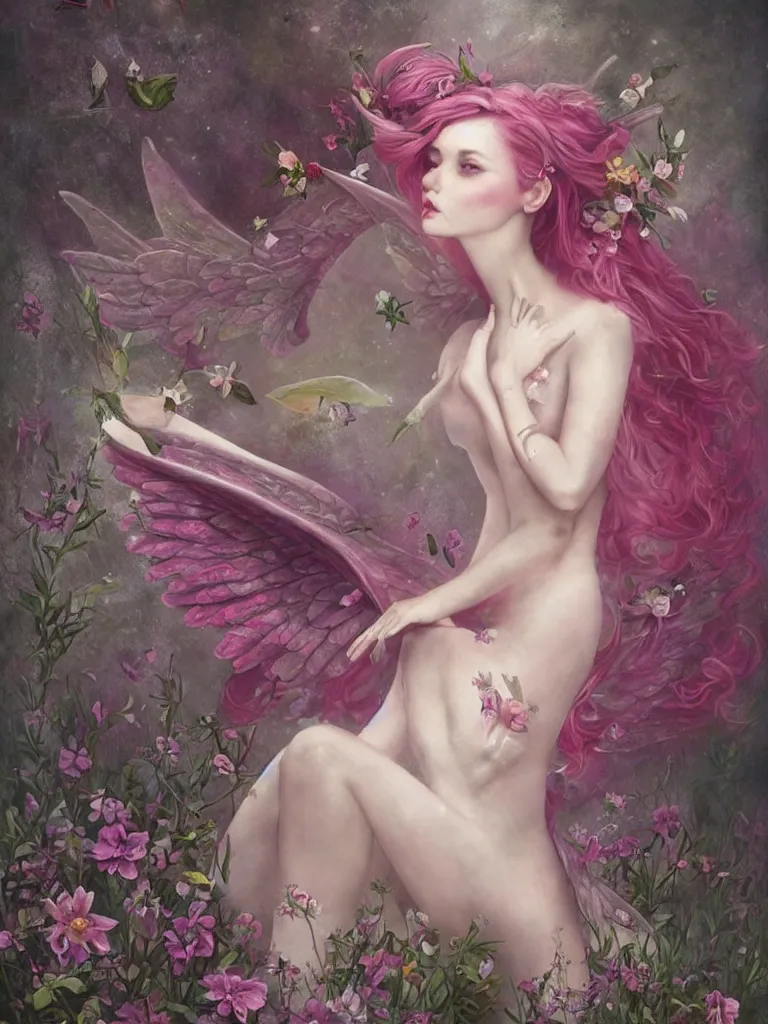 Image similar to one pink fairy with large wings exploring her lonely flower garden by herself in the style of tom bagshaw, extremely detailed, muted colors