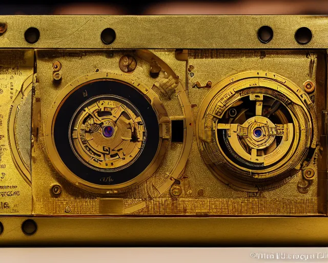 Image similar to 5 0 mm photography of a holy golden antikythera mechanism. highly immaculate detailed 8 k. intricate. lifelike. nikon d 8 5 0. tiltshit. motion blur. dof