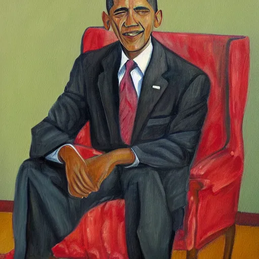 Prompt: a painting by Okeke Chukwuka Francis of Barak Obama sitting in a chair