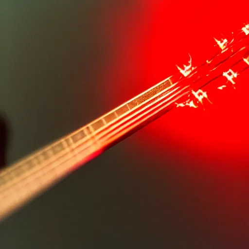 Prompt: Macro photo of a guitar pick that has red glowing fibers in it. Simple black background, high detail