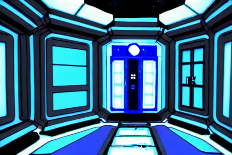 Image similar to futuristic tardis interior stylized like portal 2