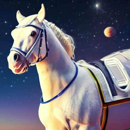 Prompt: horse wearing a space suit with helmet, floating in outer space, high tech saddle, highly detailed, stars in the background, nasa picture, 4 k, octane render, highly realistic photograph, full body shot