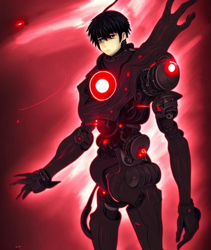 Image similar to a detailed manga illustration character full body portrait of a dark haired cyborg anime man who has a red mechanical eye, trending on artstation, digital art, 4 k resolution, detailed, high quality, sharp focus, hq artwork, insane detail, concept art, character concept, character illustration, full body illustration, cinematic, dramatic lighting