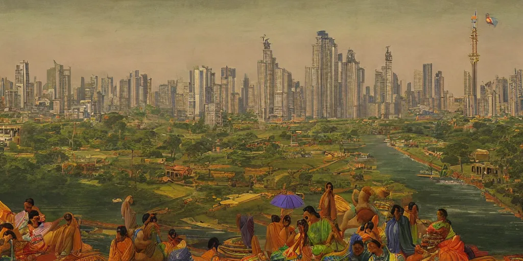 Prompt: mumbai skyline in the style of raja ravi varma, high detail, realism, national gallery of delhi