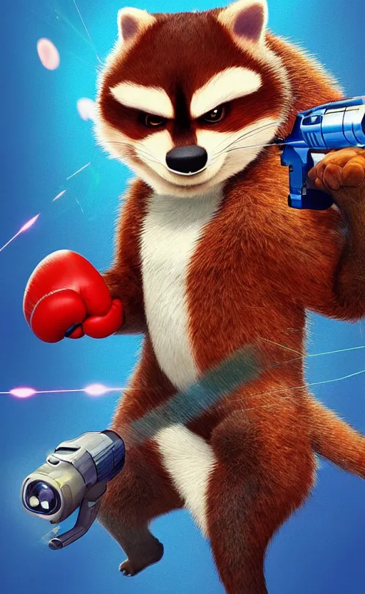 Image similar to “red racoon holding laser gun standing face to face off with blue racoon holding laser gun, boxing style face off, cinematic, dramatic in the style of zootopia”