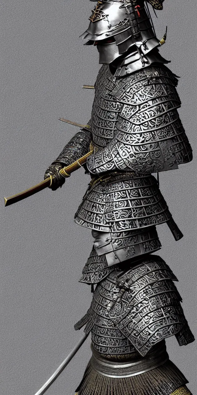 Prompt: detailed photorealistic ancient japanese samurai warrior soldier ⚔ 🪖 ⛩ with traditional japanese engravings and ornamentation on armour and weapons, and shining metallic 3 d surfaces, japanese calligraphy, damask pattern, wide angle, 3 d