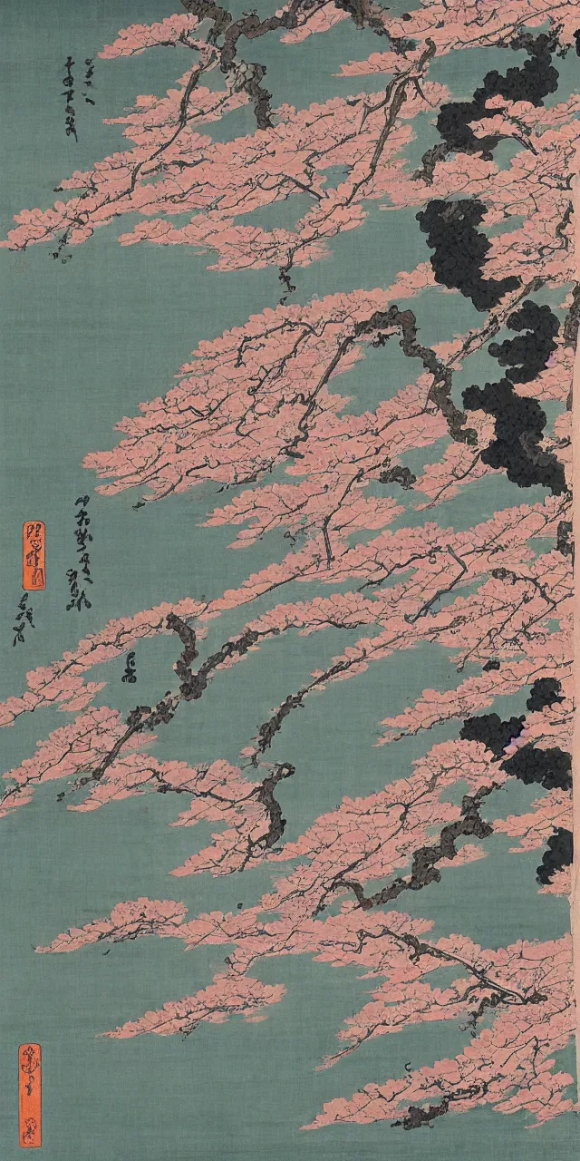 Image similar to sakuras, taoist monks and temples in huangshan, artwork by katsushika hokusai and utagawa hiroshige