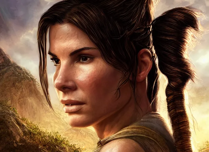 Image similar to face portrait of concentrated young Sandra Bullock as Lara Croft with pig-tails entering an incredible epic ruin, glorious sun beams, intricate, elegant, highly detailed, digital painting, short focus, illustration, Allan Lee, John Howe