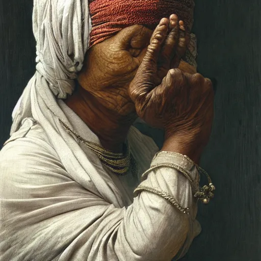 Prompt: detailed potrait of blindfolded old srilankan woman, girl graceful,, painting by james jean, craig mullins, j. c. leyendecker, lights, art by ernst haeckel, john william godward, hammershøi,,