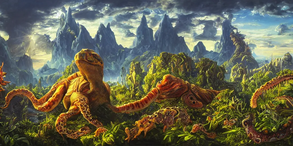 Image similar to fantasy oil painting, great leviathan, cybernetic turtle cephalopod terrapin reptilian pachyderm squid, bella hadid, hybrid, milla jovovich, anubis, epic natural light, lush plants flowers, spectacular mountains, bright clouds, luminous sky, outer worlds, golden hour, michael cheval, edward hopper, michael whelan, vray, hd