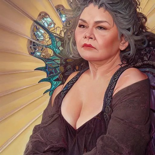 Image similar to ultra realistic illustration, roseanne barr as ursula, intricate, elegant, highly detailed, digital painting, artstation, concept art, smooth, sharp focus, illustration, art by artgerm and greg rutkowski and alphonse mucha