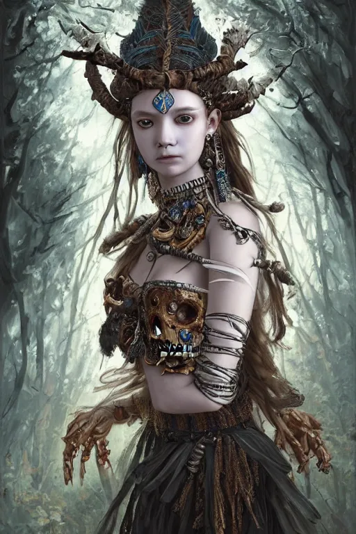 Image similar to A masterpiece ultrarealistic portrait of a Irristible angel princess tribal-shaman-knight-witch-ghost with Skull Iron mask. baroque renaissance girl in the night forest. medium shot, intricate, elegant, highly detailed. trending on artstation, digital art, by Stanley Artgerm Lau, WLOP, Rossdraws, James Jean, Andrei Riabovitchev, Marc Simonetti, Yoshitaka Amano. background by James Jean and Gustav Klimt, light by Julie Bell, 4k, porcelain skin.