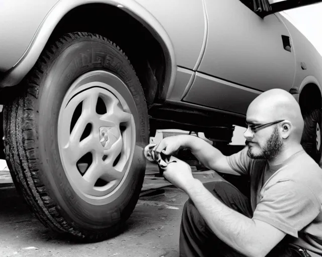 Prompt: fmri scan of a man who is fixing the brakes on a 1 9 9 0 chevy blazer while listening to creedence