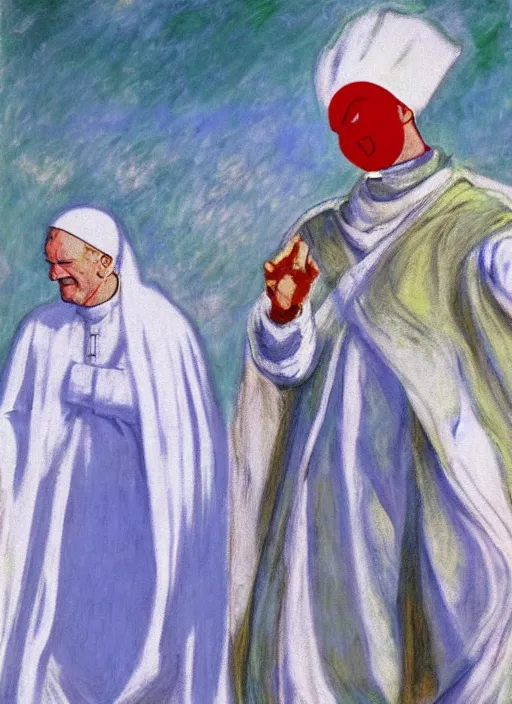 Prompt: white turban and shoulder pads with cape wearing john paul ii as piccolo from dragon ball z by claude monet
