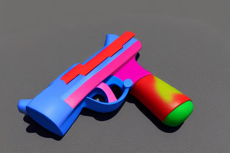 Image similar to product photo of toy hand gun made by fisher price, colorful plastic, high quality, intricate detail, realistic textures, octane render, unreal engine 5, hyperrealism