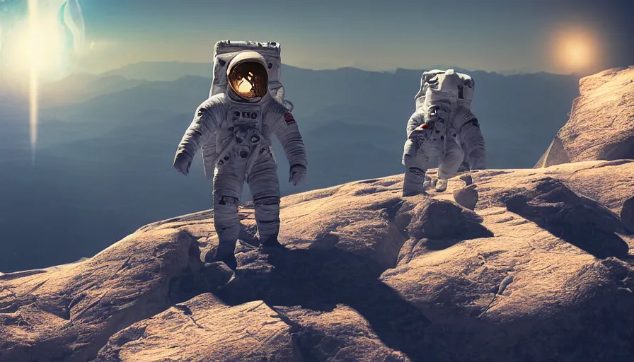 Prompt: american astronaut standing on a top of a mountain, mid shot,, starry night, moonlit, cinematic lighting, atmospheric, realistic, octane render, highly detailed, color graded, in the style of craig mullins