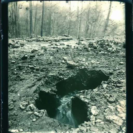 Prompt: a deep dark hole in the ground with rushing water at the bottom, creepy, eerie, unsettling, terrifying, jagged rocks, dark, old polaroid, expired film,