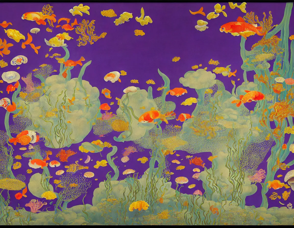 Prompt: vase of mushroom in the sky and under the sea decorated with a dense field of stylized scrolls that have opaque purple outlines, with koi fishes, sponges, ambrosius benson, kerry james marshall, afrofuturism, oil on canvas, history painting, hyperrealism, light color, no hard shadow, around the edges there are no objects