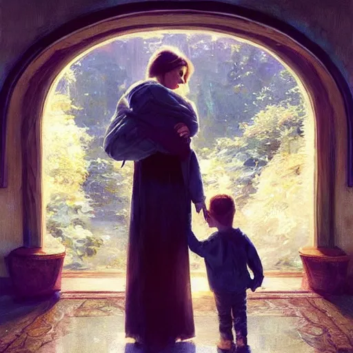 Image similar to epic hyperrealism cinematic masterpiece where a mother appears with her happy son. realistic poster with shaded lighting by craig mallismo, artgerm, jeremy lipkin and michael garmash, unreal engine, radiant light, detailed and complex environment, digital art, art station trends