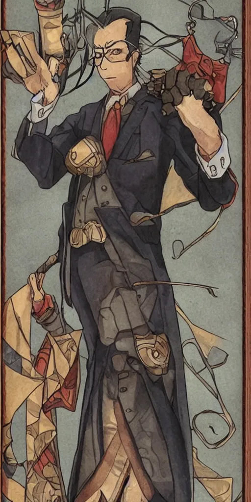 Image similar to the judge from Ace Attorney with a scale in one hand. Tarot card Justice, impressive art, detailed, singe subject