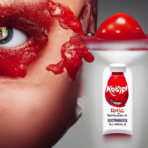 Prompt: advertisement for ketchup eye drops, product photography