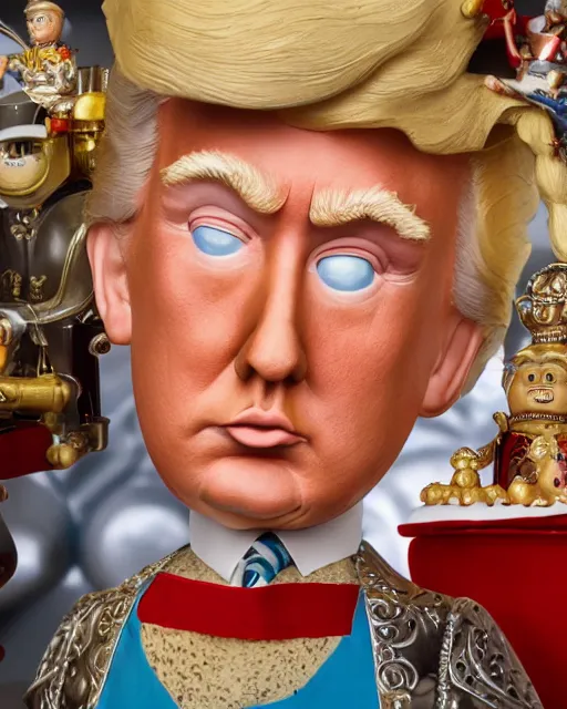 Image similar to highly detailed closeup, face profile portrait of a tin toy donald trump as a fairytale henry viii eating cakes, depth of field, nicoletta ceccoli, mark ryden, lostfish, max fleischer, breathtaking, detailed and intricate environment, 8 k resolution, hyperrealistic, octane render