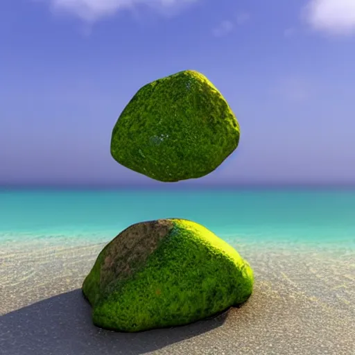 Image similar to a beautiful rock on the beach, octane render nvidia raytracing, lush vegetation