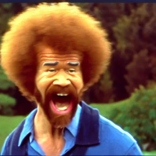 Image similar to angry bob ross screaming because someone at his donut