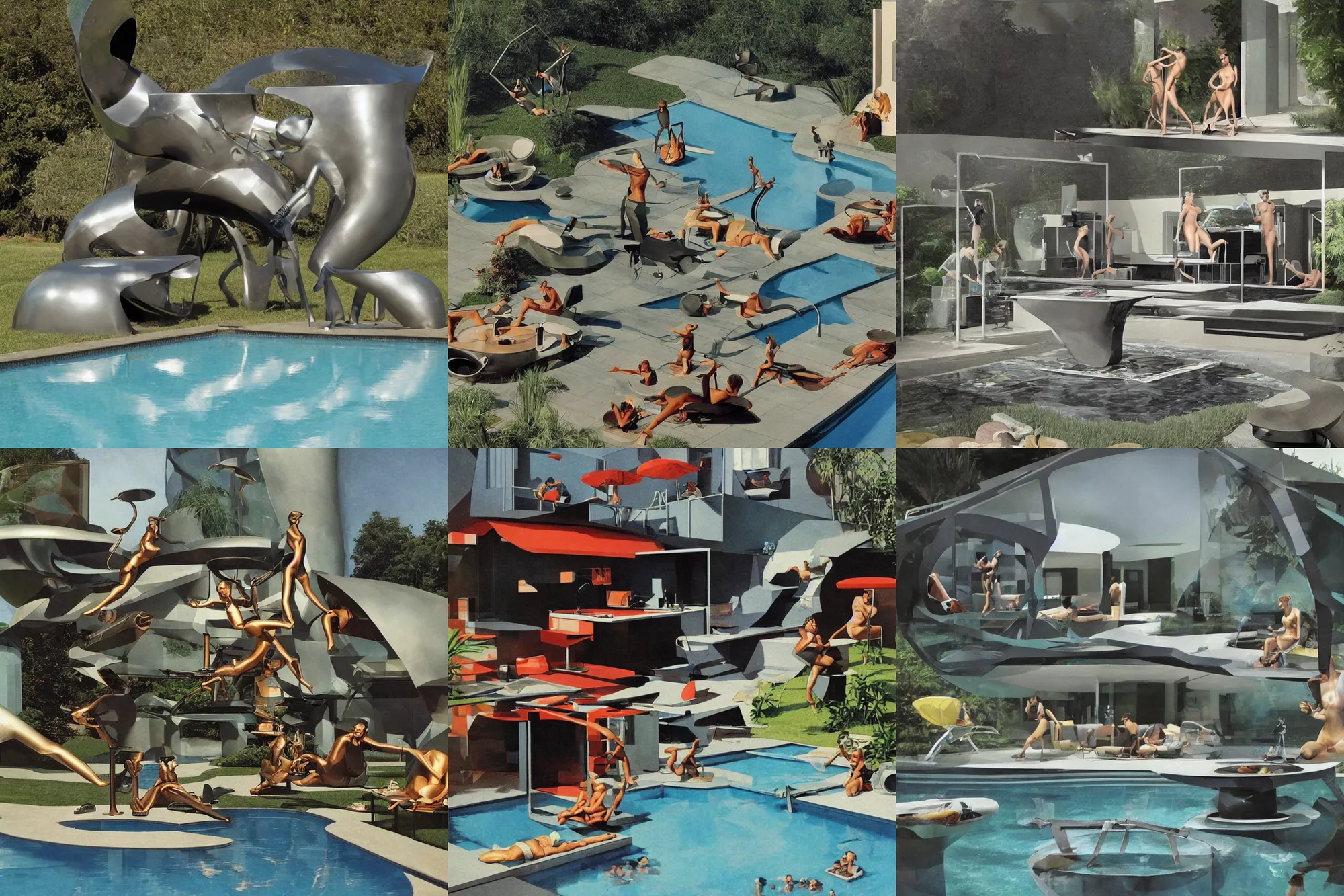 Prompt: cropped extreme telephoto zoom of!!!!!! metal sculpture!!!!!, depicting a!! futuristic lounge room!! with pool + kitchen + bbq ( ( ( sculpture styling influenced by norman rockwell + frank frazetta + syd mead ) ) ) ( matte metal material, minimal reflections, metal weld points ), no figures, no people