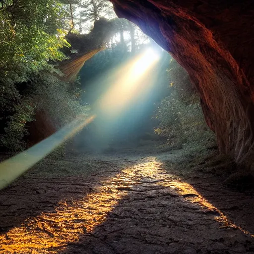 Prompt: clockwork afternoon forest ground shadows and volumetric sunbeams, geometric, cave entrance portal to alien landscape, by anson maddocks, charles o. perry, zack snyder, trending on 5 0 0 px, intricate, wavy, wide - angle, kodak ektar