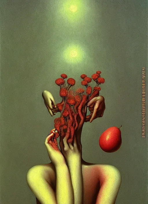 Image similar to She Eats of the Strangling Fruit and Her polyp blossoms bring iridescent fungal flowers whose spores black the foolish stars Edward Hopper and James Gilleard, Zdzislaw Beksinski, Mark Ryden, Wolfgang Lettl highly detailed