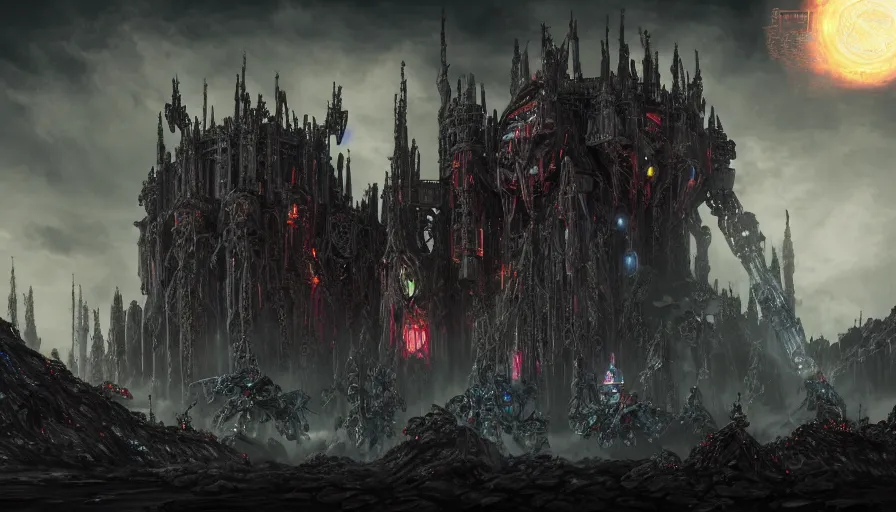 Image similar to elden ring mech piloted by creature, transformers and gundam and robocop aesthetic, large gothic castles and towers, small people with torches, intricate detail, ominous, baroque, 4k, trending on artstation,