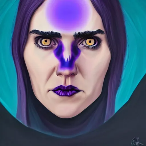 Prompt: in the style of Phil Noto, beautiful witch spooky female, Jennifer Connelly, blue and purple glowing hair, perfect eyes perfect symmetrical eyes, symmetrical face, dark forest background, painterly style