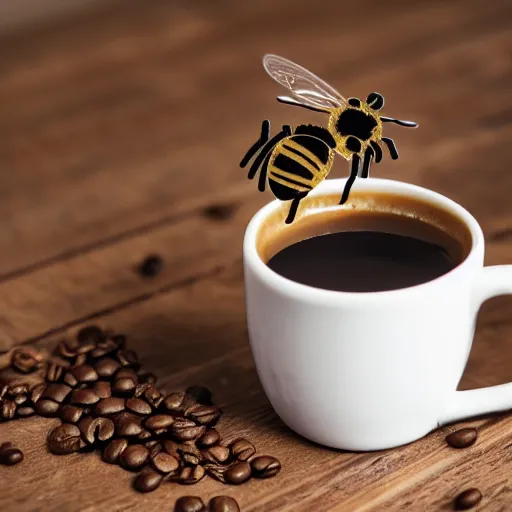 Prompt: studio shot of a cup of espresso with a westie logo on it and bees flying around it
