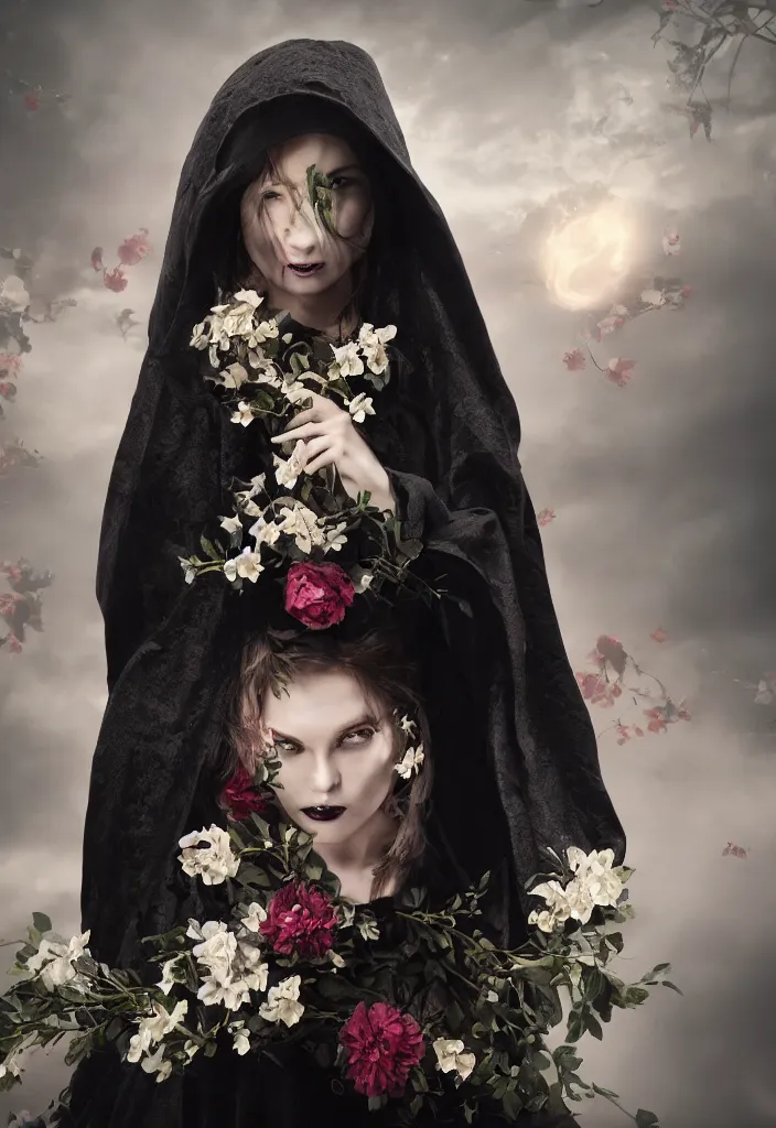 Image similar to a portrait of a beautiful woman wearing a black cloak with flowers and skulls in a romantic style, extremely realistic and highly detailed 8 k, sharp focus, octane render, dramatic volumetric lighting and extremely realistic faces