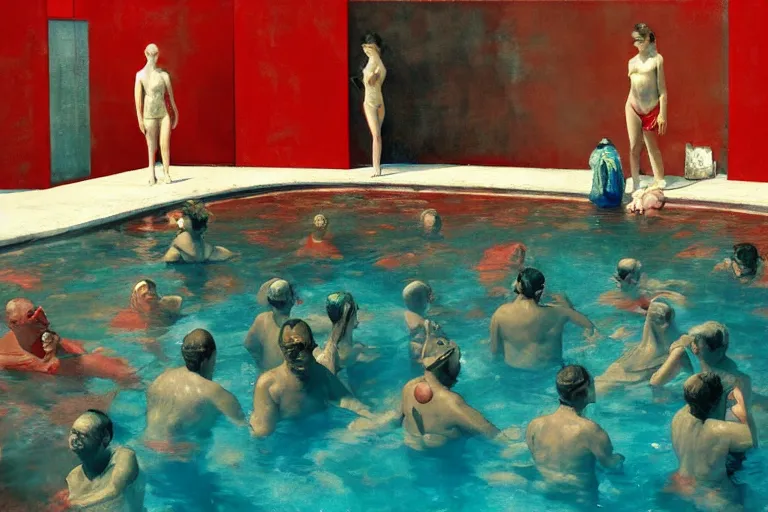 Image similar to Red People at a swimming pool in the style of Francis Bacon and Norman Rockwell and Frank Lloyd Wright , by Bastien Lecouffe-Deharme, dark atmopshere, James Jean, Edward Hopper, trending on artstation, Peter Doig masterpiece, 4k, HD