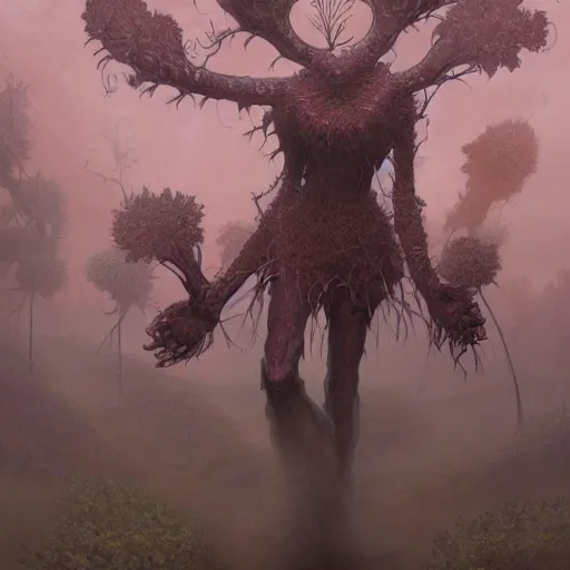 Prompt: concept art of a slender giant fractal golem, elegant, day time, foreboding, fantasy, field, flowers, trending on artstation, wayne barlowe