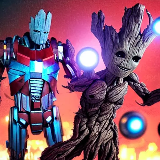 Image similar to groot and optimus prime in techno party among people dancing, wide shoot, after effect ultra realistic 3 d